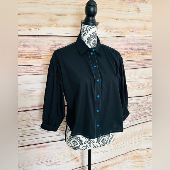 Jessica Simpson Women’s Black Blue 3/4 Sleeve Collared Button Up Shirt M NWT - Picture 1 of 14